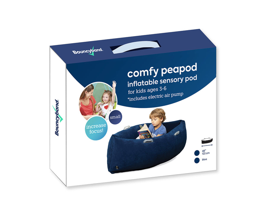 Product packaging for the small Comfy Peapod, showing a boy reading inside the pod and labeled “inflatable sensory pod for kids ages 3–6.”