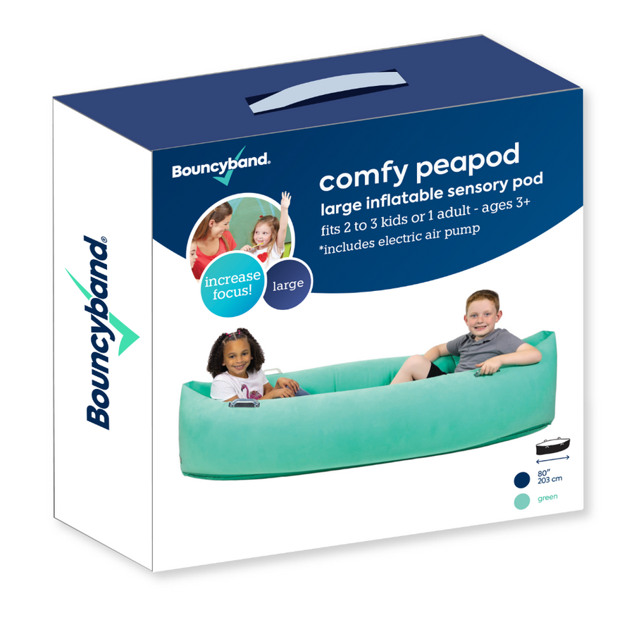 Product packaging for the large Comfy Peapod, showing two children inside the pod and labeled “large inflatable sensory pod, ages 3+.”